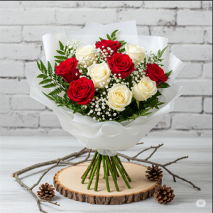 5 Beyaz 5 Kırmızı Gül Buketi